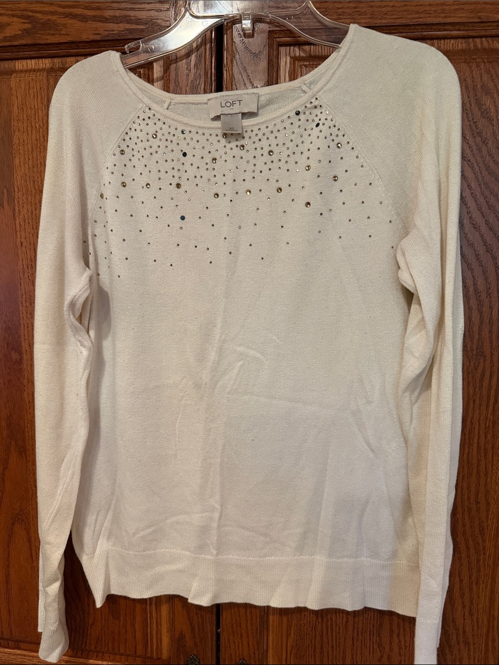 LOFT Cream Rhinestone-Accent Long Sleeve Sweater